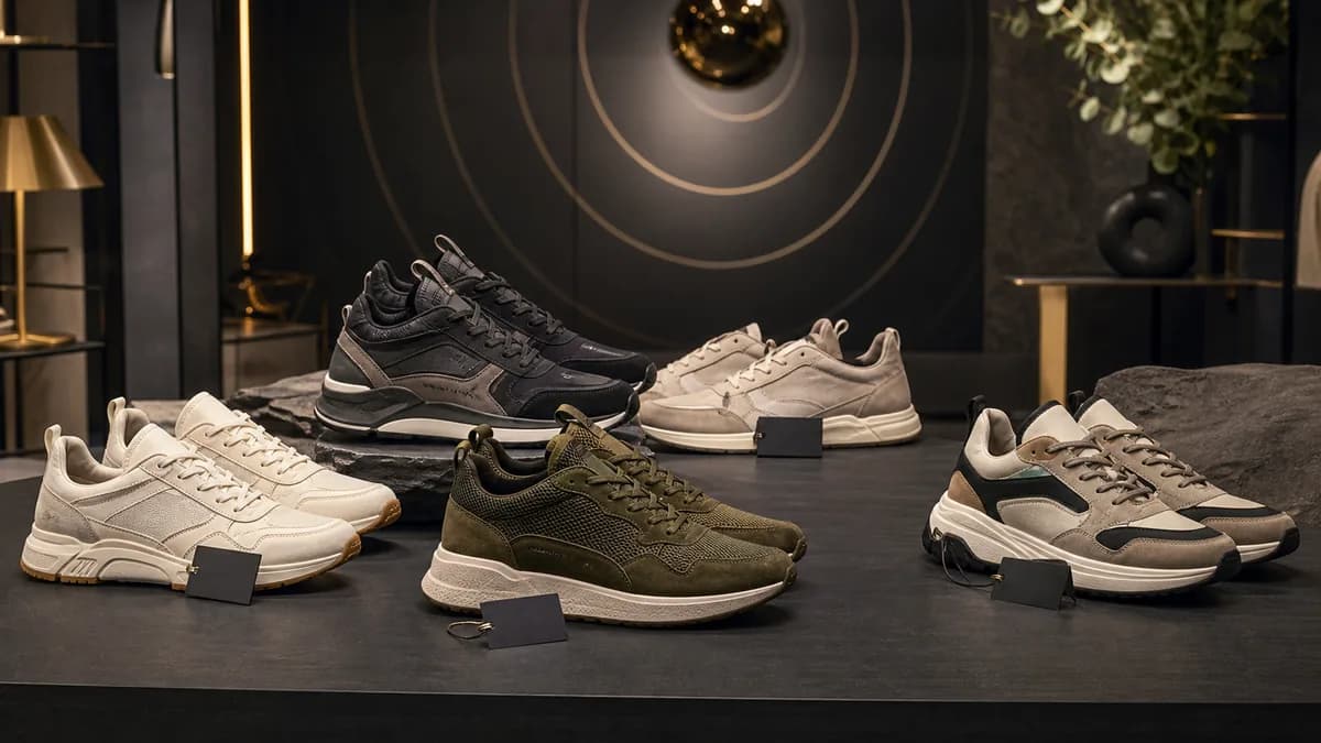 Flera moderna sneakers på ett mörkt podium i en exklusiv skobutik